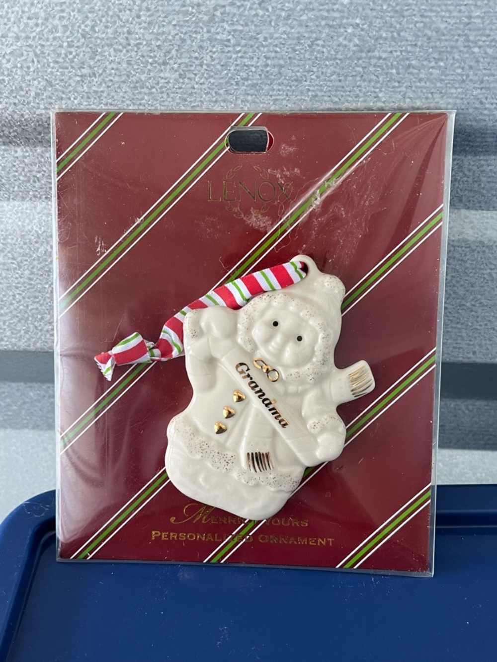 Lenox White Grandma Porcelain Snowperson Ornament with Striped Ribbon